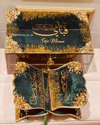 Quran Box set in aqua sea Green color with golden edges full set
