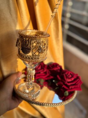Doodh Pilai glass and tray in red & golden color