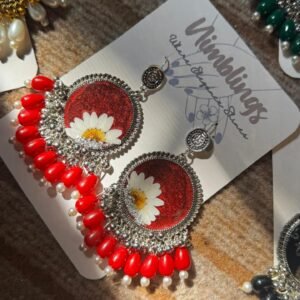 Red Color Resin Earrings Silver Metal with Heavy Pearls Circle Shape