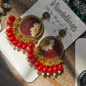 Red Color Resin Earrings Gold Metal with Heavy Pearls Circle Shape