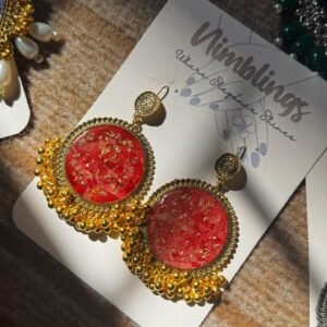 Red Color Resin Earrings Gold Metal with Lightweight Pearls