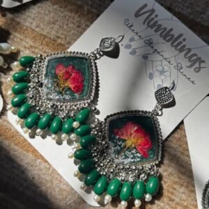 Green Color Resin Earrings Silver Metal with Heavy Pearls