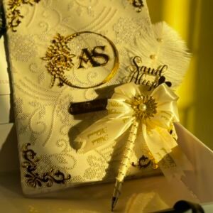 white fabric booklet with box pen in A4 size golden theme