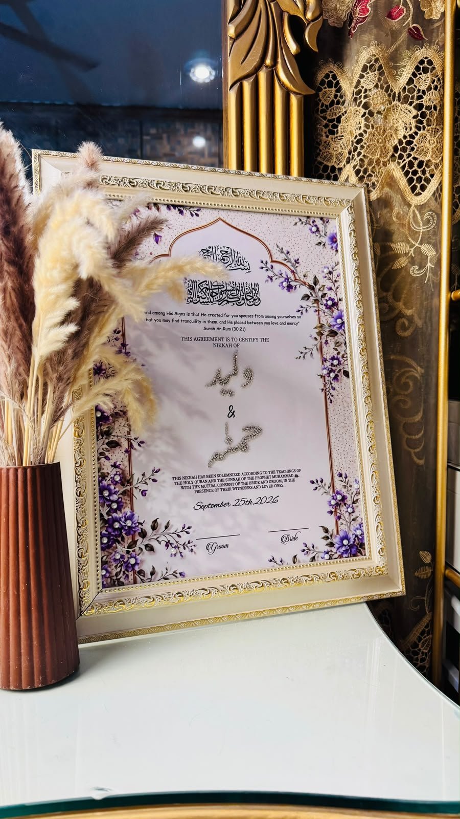 Luxury Floral Personalized Nikkah Certificate Frame with stones name
